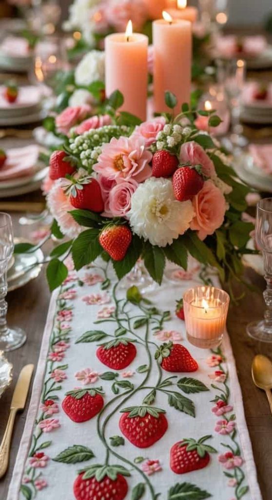 A dining table set with glassware, plates, gold cutlery, floral and strawberry centerpiece, lit candles, and a table runner decorated with embroidered strawberries.