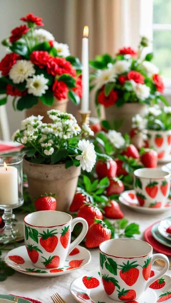 A table set with strawberry-patterned teacups, saucers, and plates, surrounded by fresh strawberries, candles, and flower arrangements in red and white.