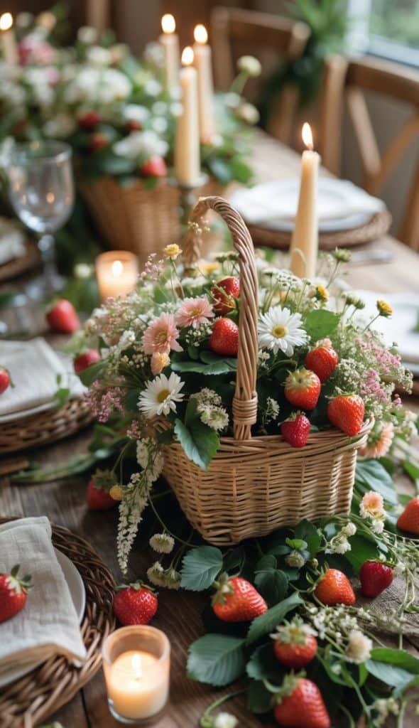 A wooden table set with baskets of flowers and strawberries, surrounded by lit candles, plates, glassware, and napkins in a cozy, natural light setting.
