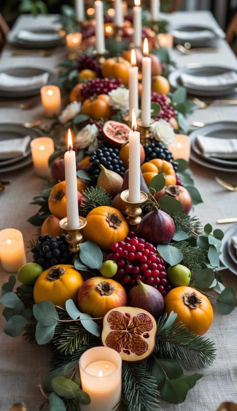 A full view of a holiday table with a centerpiece of winter fruits, candles, and flowers lit by natural light.