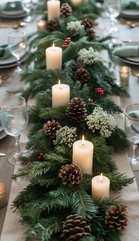 A dining table is set with green napkins and glassware, featuring a centerpiece of evergreen branches, pinecones, white flowers, red berries, and lit white candles.