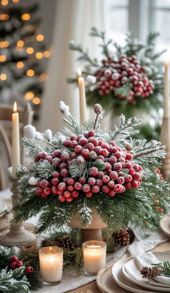 A festive dining table is decorated with candles, plates, and centerpieces of frosted red berries, pine branches, and pinecones, with a lit Christmas tree in the background.