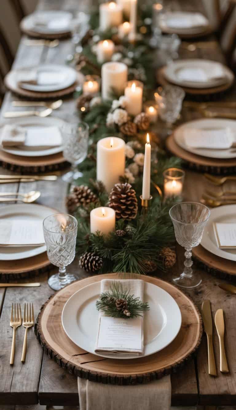 A winter holiday table set with rustic wooden charger plates, candles, and floral centerpieces arranged neatly on a wooden table.