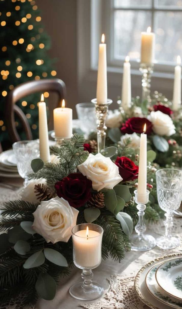A holiday dining table is set with white plates, crystal glasses, lit white candles, and floral centerpieces featuring red and white roses and greenery. A Christmas tree is in the background.