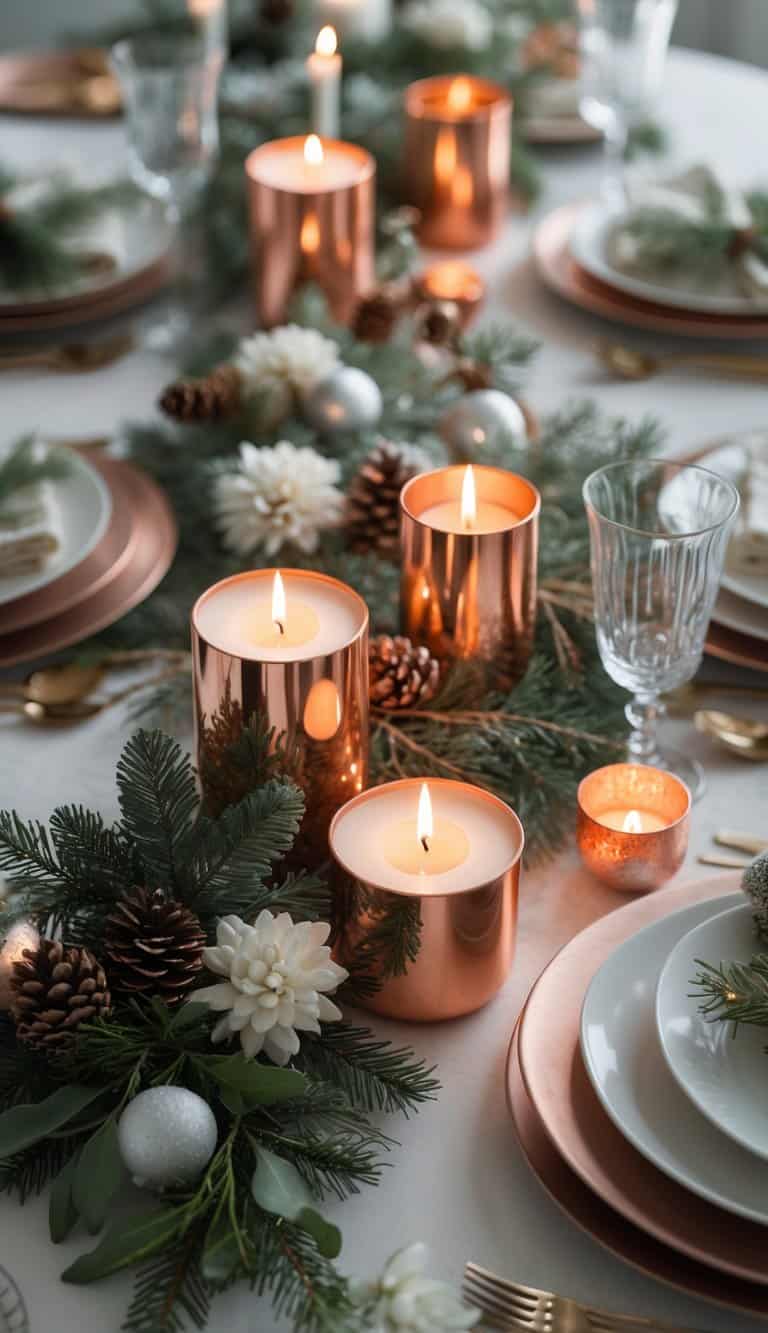 A winter dining table set with copper candle holders, lit candles, seasonal flowers, greenery, and elegant tableware.