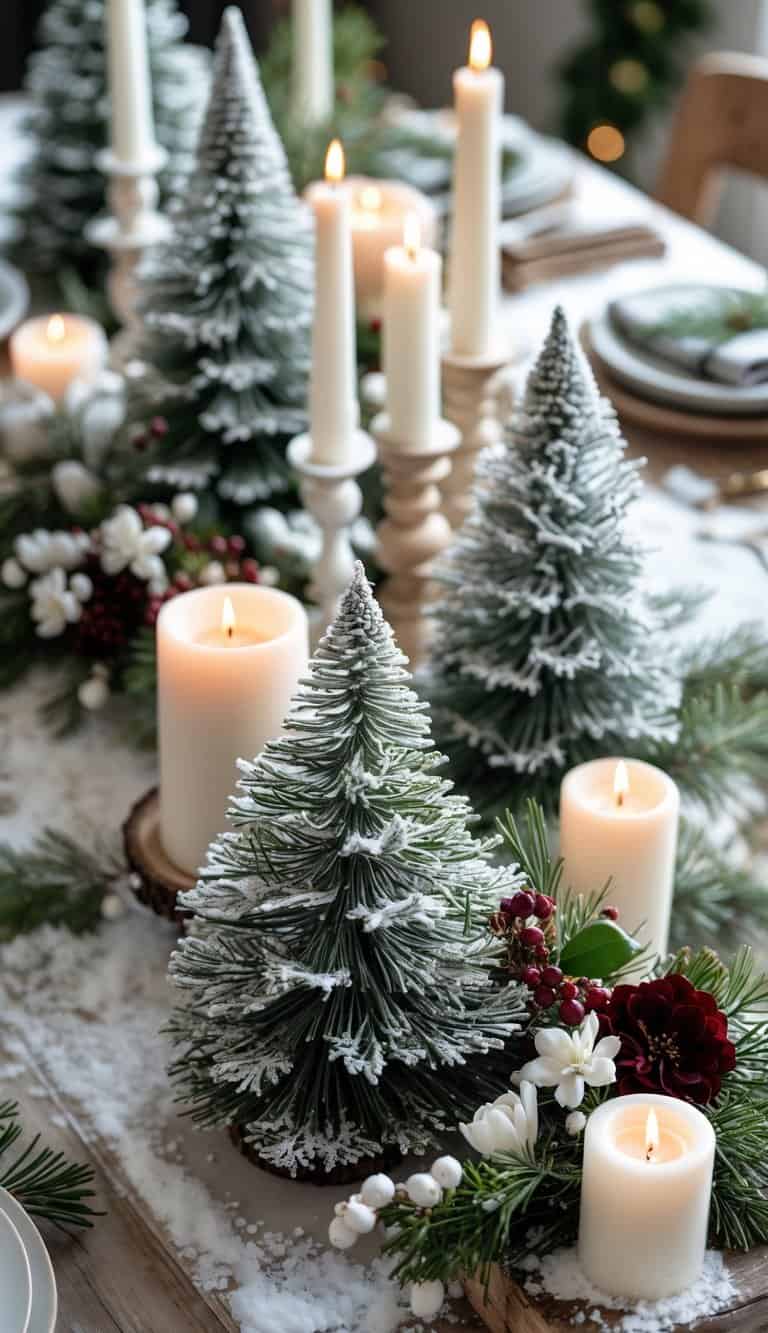 A winter holiday table set with miniature snowy pine trees, white candles, seasonal flowers, and natural greenery arranged in an inviting and elegant display.