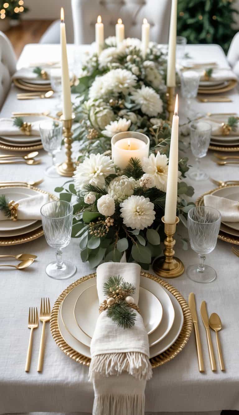 A winter holiday table set with cream and gold flatware, floral centerpieces, and candles arranged on a long dining table.