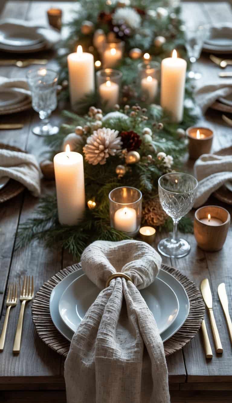 A winter dining table set with warm linen napkins, floral centerpieces, candles, and elegant place settings.