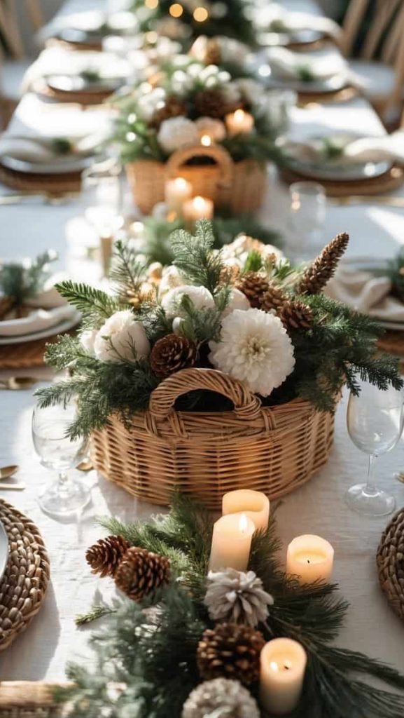 A dining table set with woven placemats, white plates, glassware, and wicker baskets filled with pinecones, greenery, and white flowers, accented by lit candles.