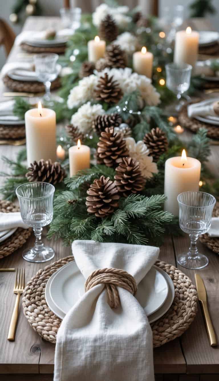 A winter holiday table set with white napkins tied with jute rope, candles, pine cones, and white flowers arranged on a wooden table.