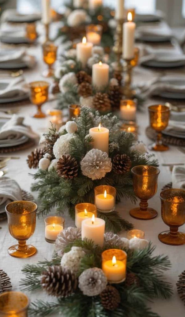 A festive dining table is set with white plates, amber glasses, and a centerpiece of pinecones, greenery, and lit candles.
