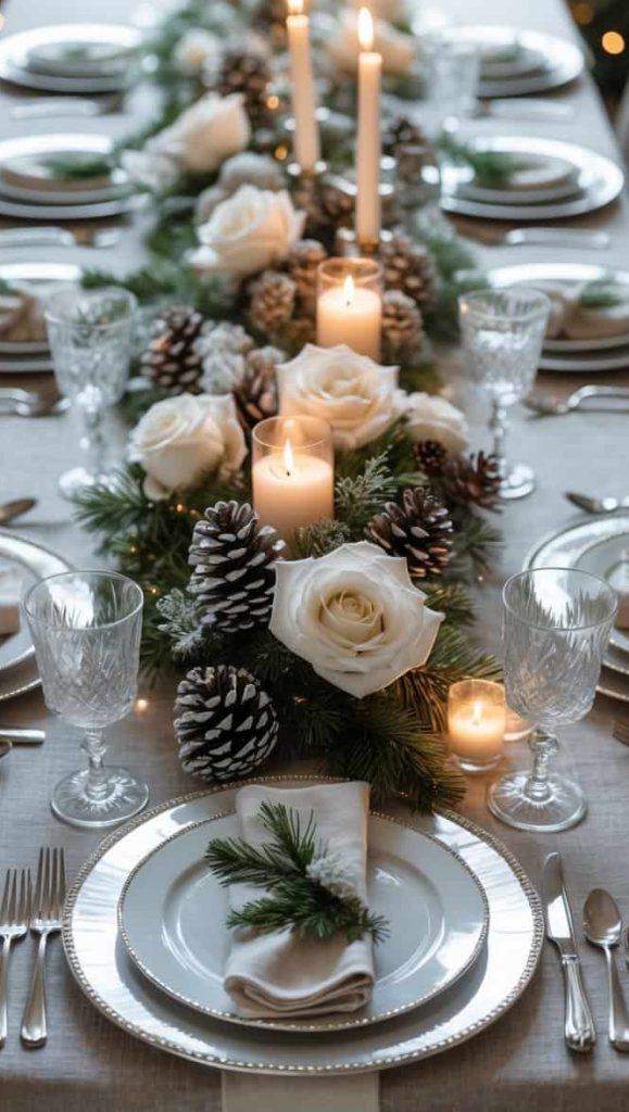 A formal dining table set with white plates, crystal glasses, and silver cutlery, decorated with candles, pinecones, white roses, and greenery for a festive occasion.