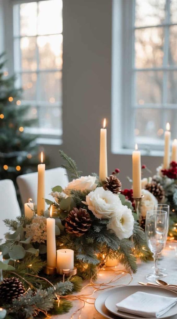 A dining table is set with white plates, wine glasses, and napkins, decorated with pinecones, white flowers, greenery, and lit candles, with large windows in the background.