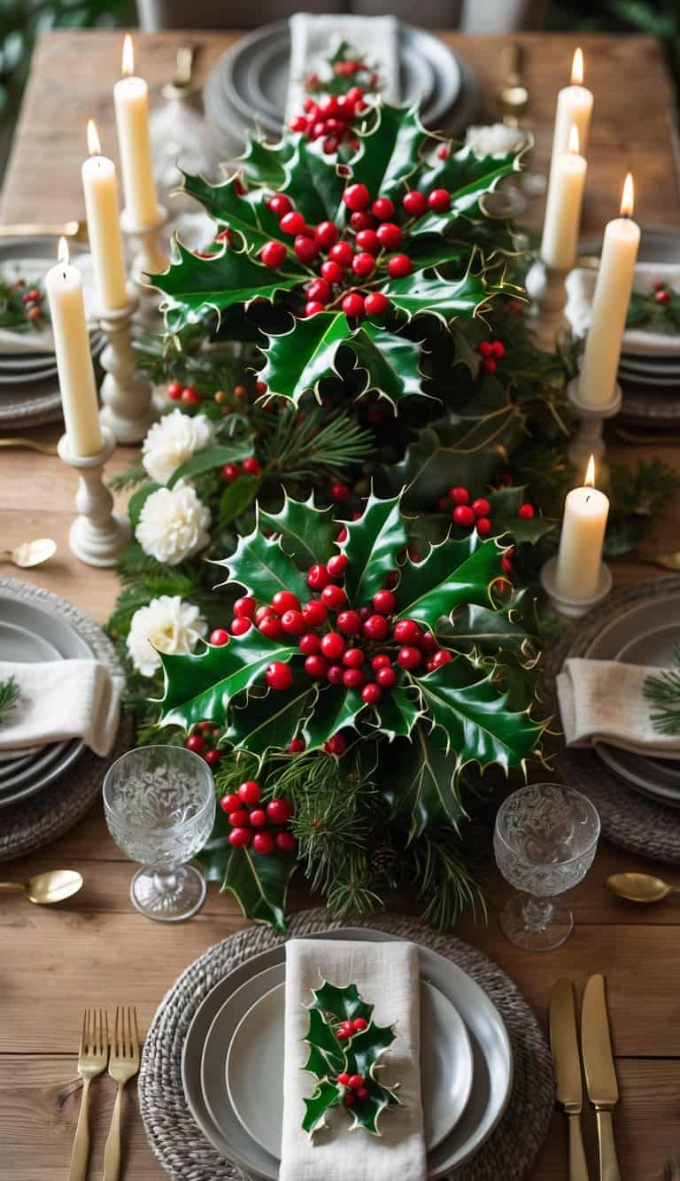 A winter holiday table set with sprigs of holly with red berries, candles, florals, and place settings on a wooden table.
