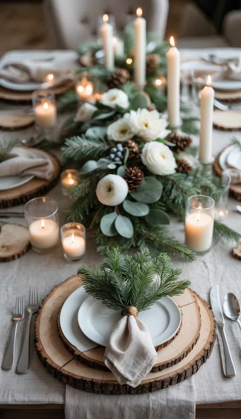 A winter dining table set with natural wood slice chargers, candles, and seasonal floral centerpieces under soft natural light.