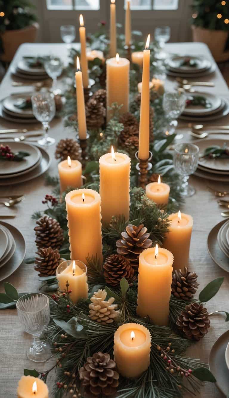 A winter holiday table set with handmade beeswax candles, seasonal florals, pinecones, and greenery arranged as a centerpiece, surrounded by plates and glassware on a wooden table.