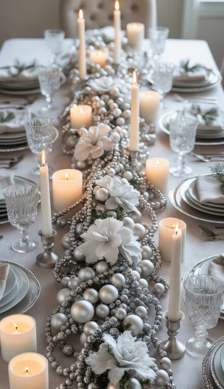A winter holiday table set with silver beaded garlands, white florals, candles, and elegant dinnerware under natural light.