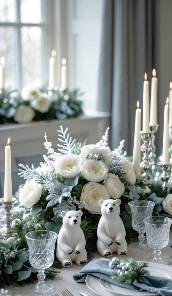 Elegant winter-themed dining table with white floral arrangements, candles, crystal glassware, and two ceramic polar bear figurines as centerpiece decorations.
