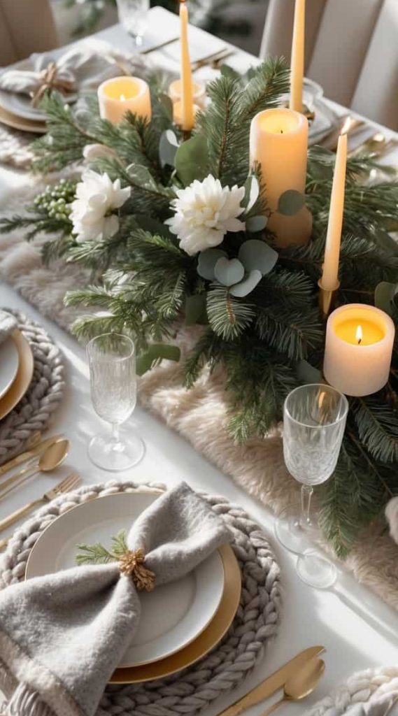Elegant holiday table setting with gold flatware, neutral napkins, glassware, and a centerpiece of candles and evergreen branches, with a decorated Christmas tree in the background.