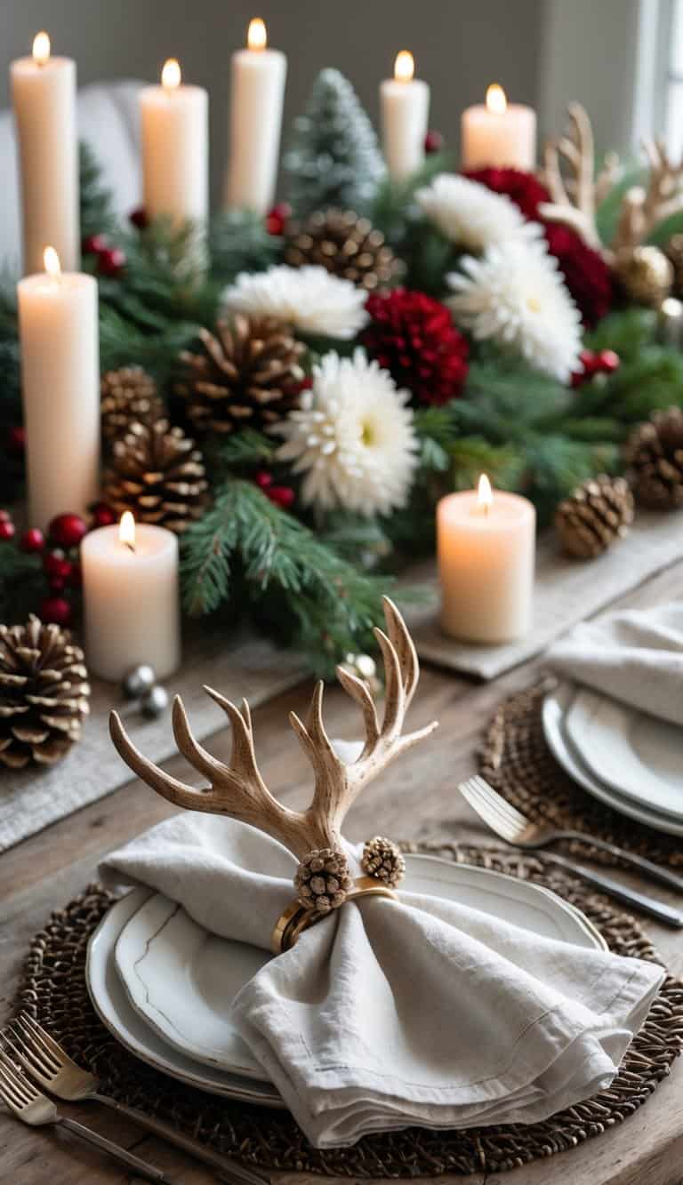 A winter holiday table set with reindeer antler napkin rings, floral centerpiece, candles, and greenery on a wooden table.