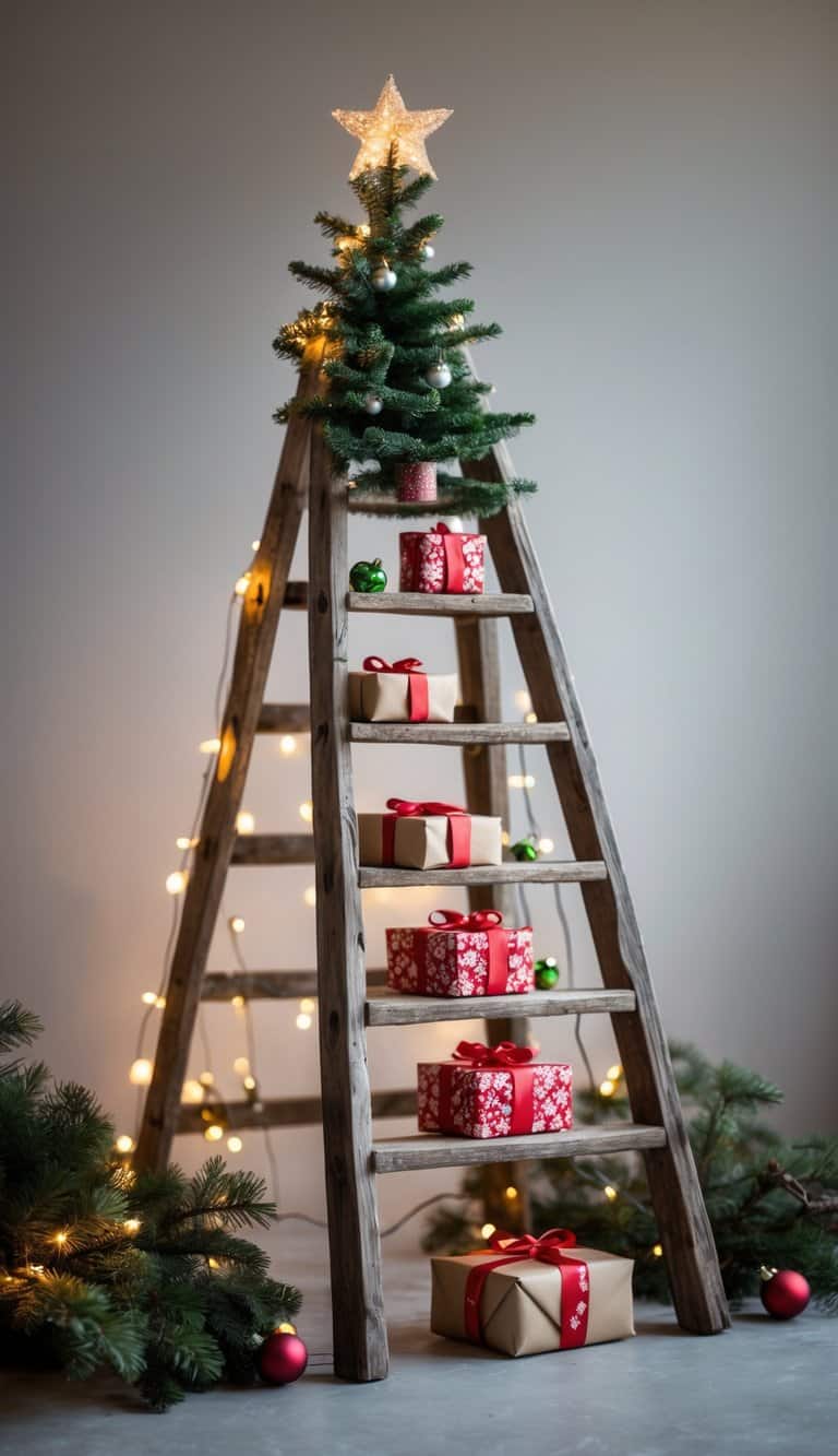 A wooden ladder decorated with small wrapped presents on its steps and surrounded by Christmas decorations.