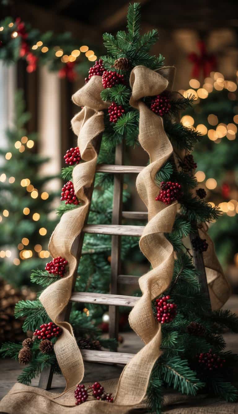 A ladder decorated with burlap ribbon and clusters of red berries, arranged as a Christmas tree.