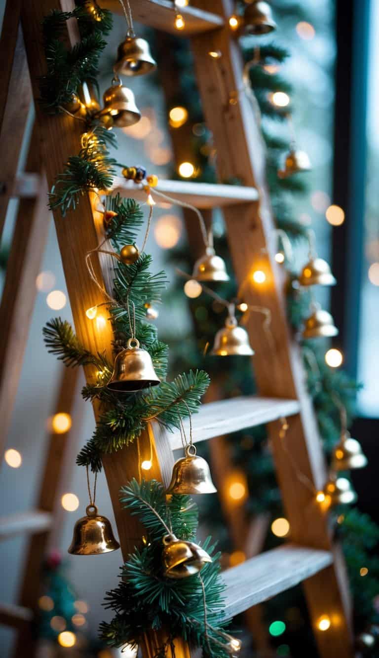 A wooden ladder decorated as a Christmas tree with miniature bells hanging from the rungs and festive lights.