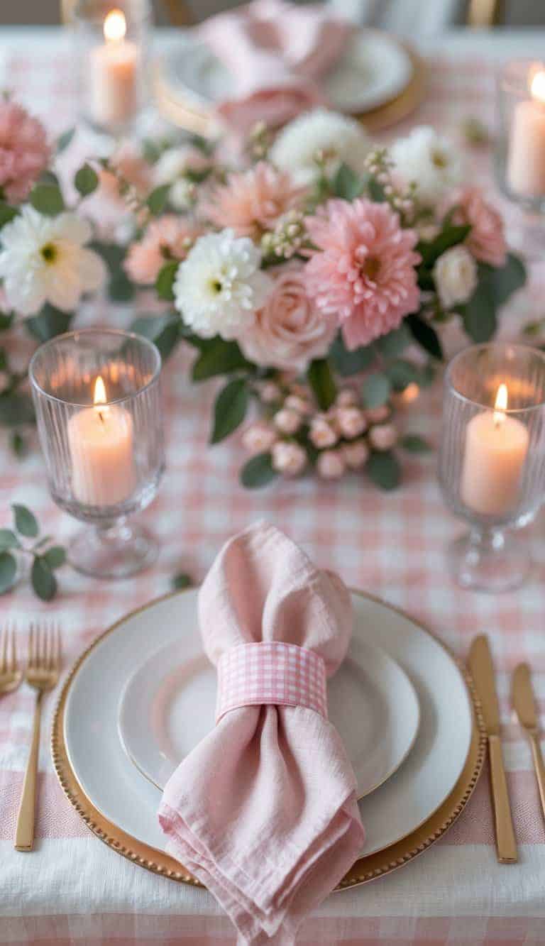 A beautifully arranged table set with blush linen napkins under pink gingham napkin rings, surrounded by floral centerpieces and lit candles.