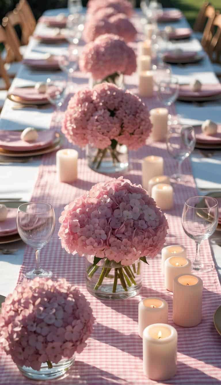 A full view of a table set with pink gingham tablecloths, clear glass vases holding pink hydrangea flowers, and white candles arranged along the center.