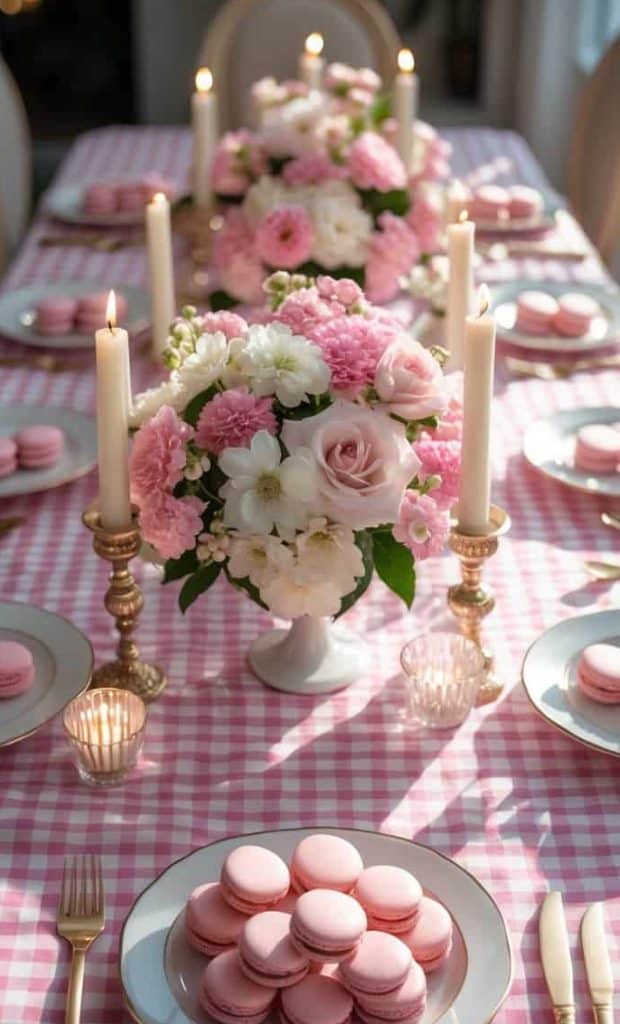 A table set with pink macarons on white plates, pink floral centerpieces, gold candle holders with lit candles, and a pink checkered tablecloth.