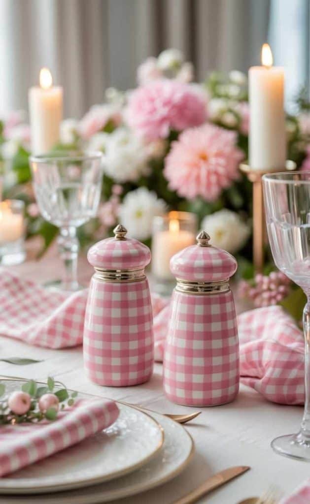 A dining table set with pink gingham salt and pepper shakers, floral centerpieces, candles, glassware, and pink checked napkins.