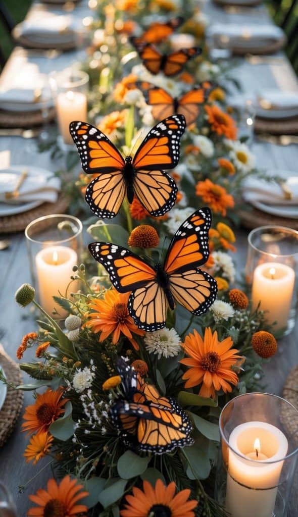 A decorated dinner table with orange flowers, lit candles, and several large monarch butterflies arranged along the centerpiece.