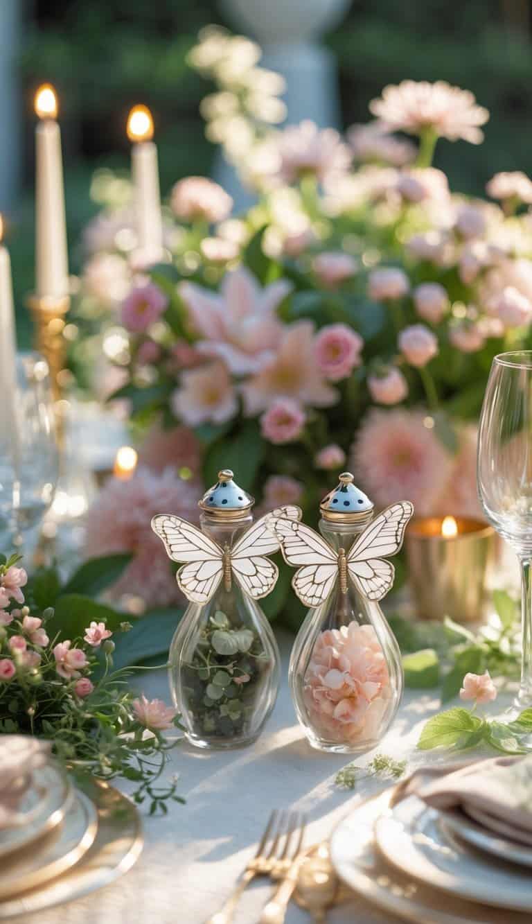 A beautifully arranged dining table set with butterfly-shaped salt and pepper shakers, floral centerpieces, and lit candles under natural light.
