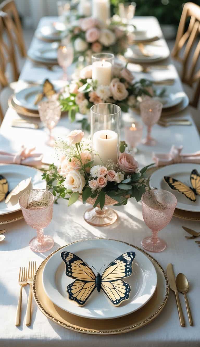 A dining table set with butterfly-shaped salad plates, floral centerpieces, and candles, arranged for a festive event.