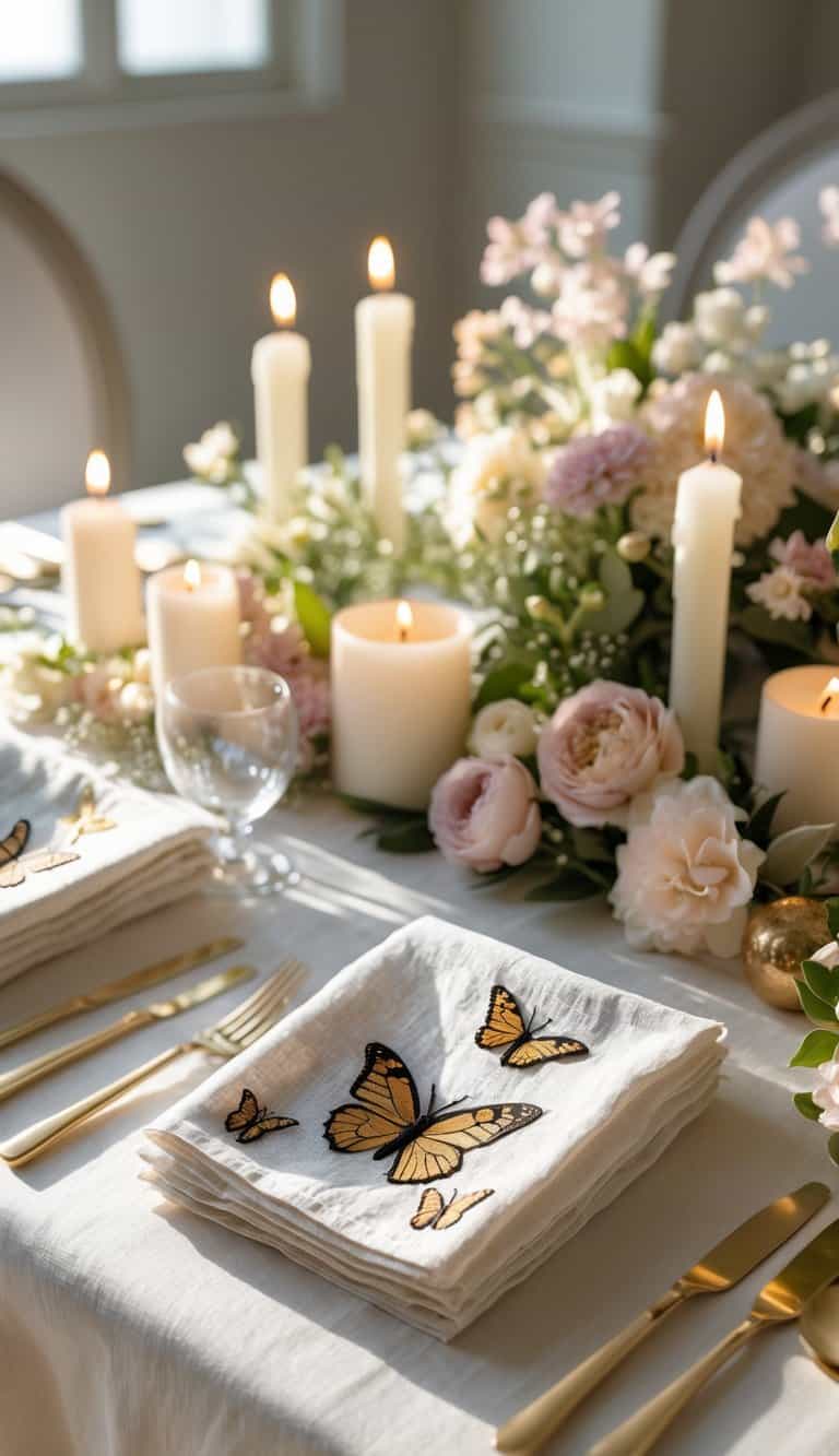A full view of a decorated table with embroidered butterfly linen napkins, floral centerpieces, and lit candles.
