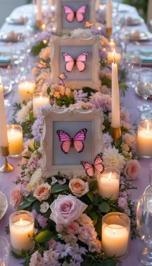 A decorated dining table features candles, pink and purple flowers, and framed images of butterflies as the centerpiece.