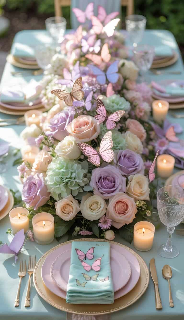 A full view of a decorated table with butterfly-themed pastel decorations, floral centerpiece, candles, and tableware arranged for a festive event.