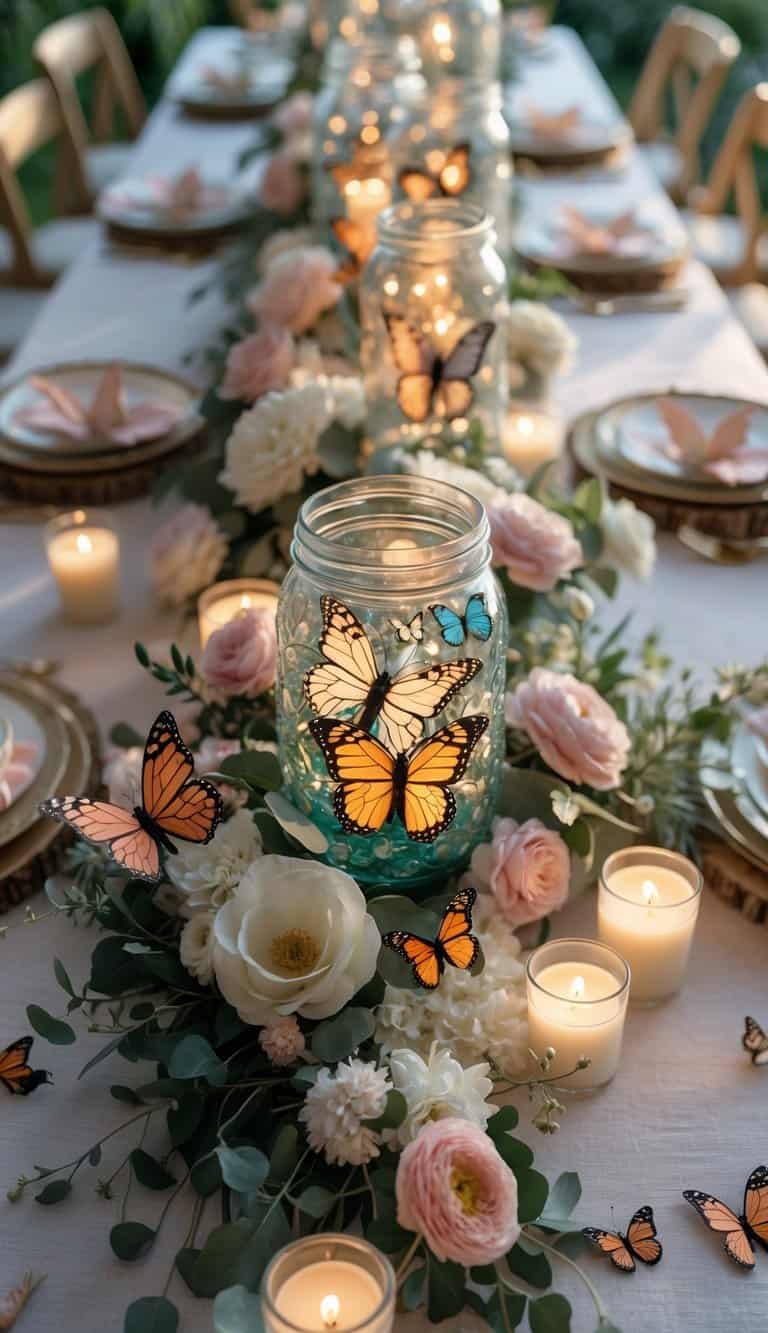 A table set for a celebration with butterfly painted mason jars, candles, and floral arrangements.