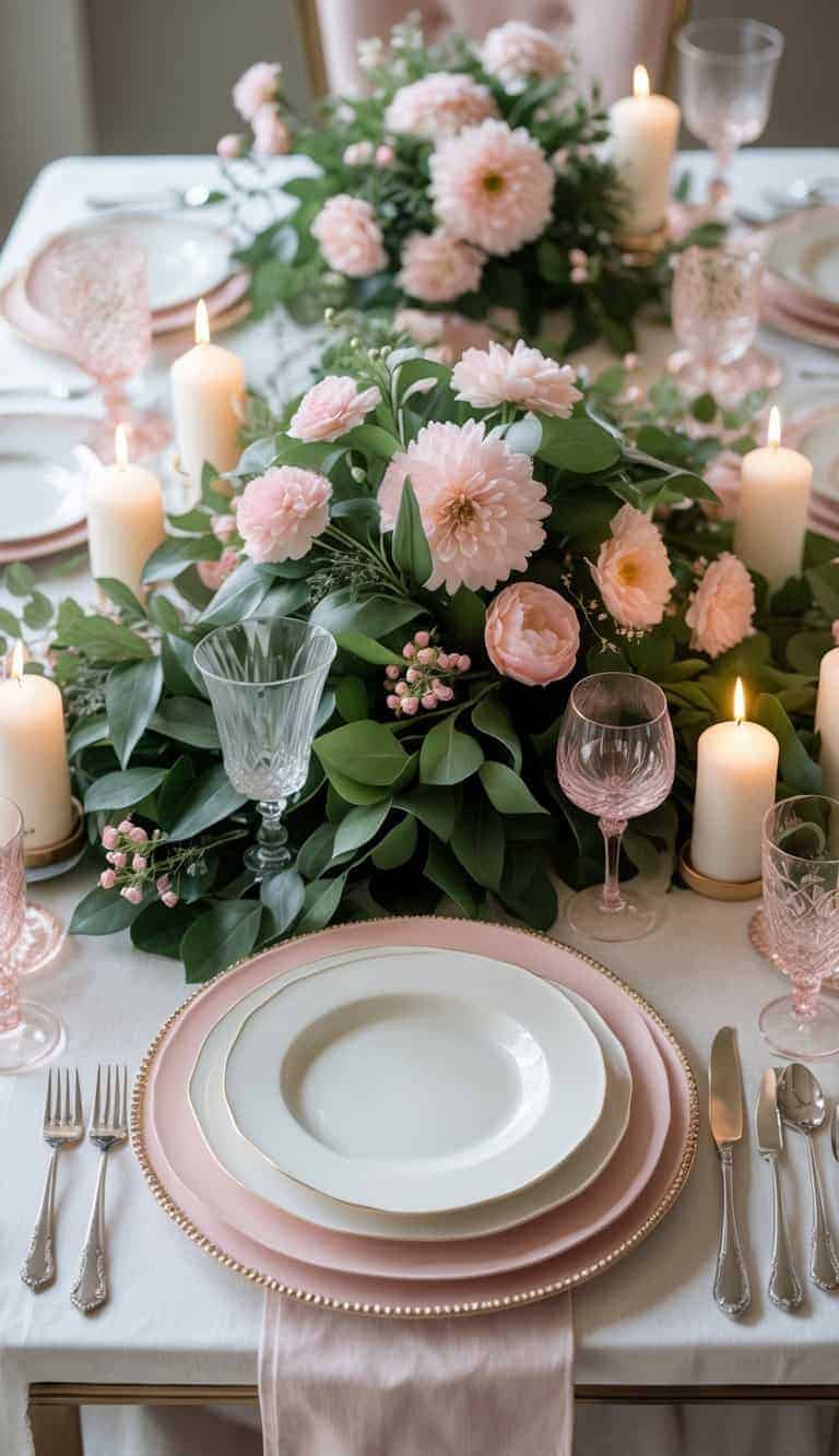 Elegant table setting with white and blush pink plates, crystal glasses, floral centerpiece of pink flowers and greenery, and lit candles on a white tablecloth.