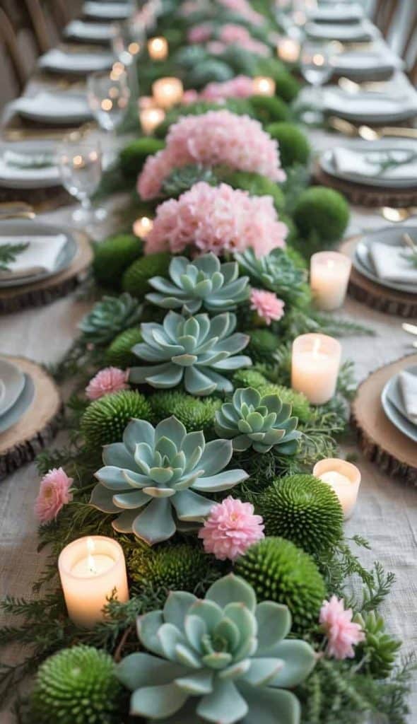 A long dining table is decorated with succulents, pink flowers, green foliage, and lit candles. Each place setting includes a plate, napkin, and glass.