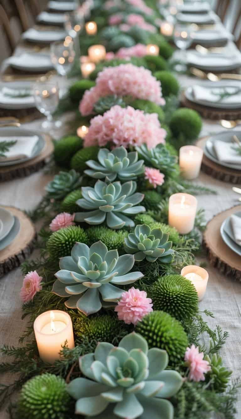 A full view of a table decorated with a green succulent and pink blossom runner, candles, and floral centerpieces.