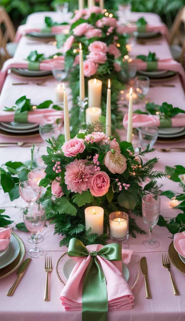 A full view of a table set for an event with pink napkins tied with green ribbons, floral centerpieces, and candles.