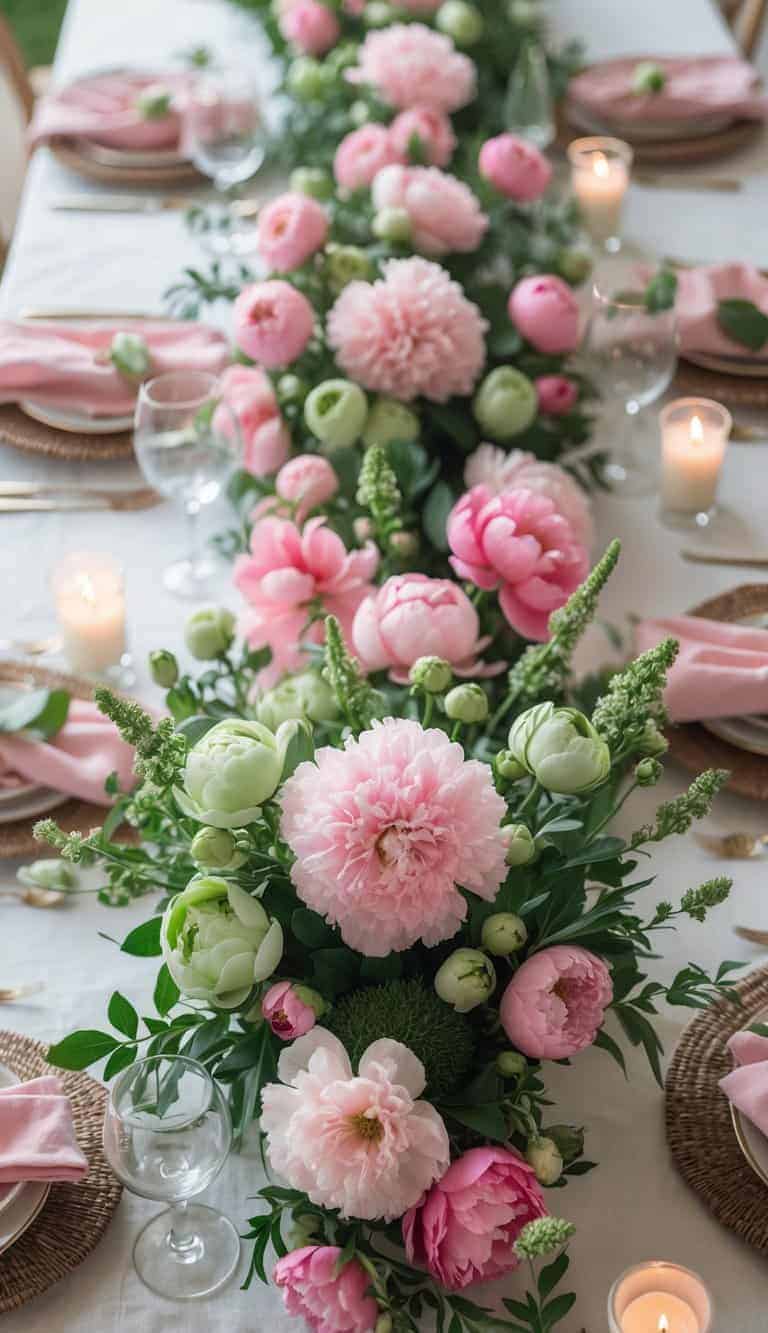 A full view of a decorated table with pink and green snapdragons and peonies, candles, and greenery arranged as centerpieces.