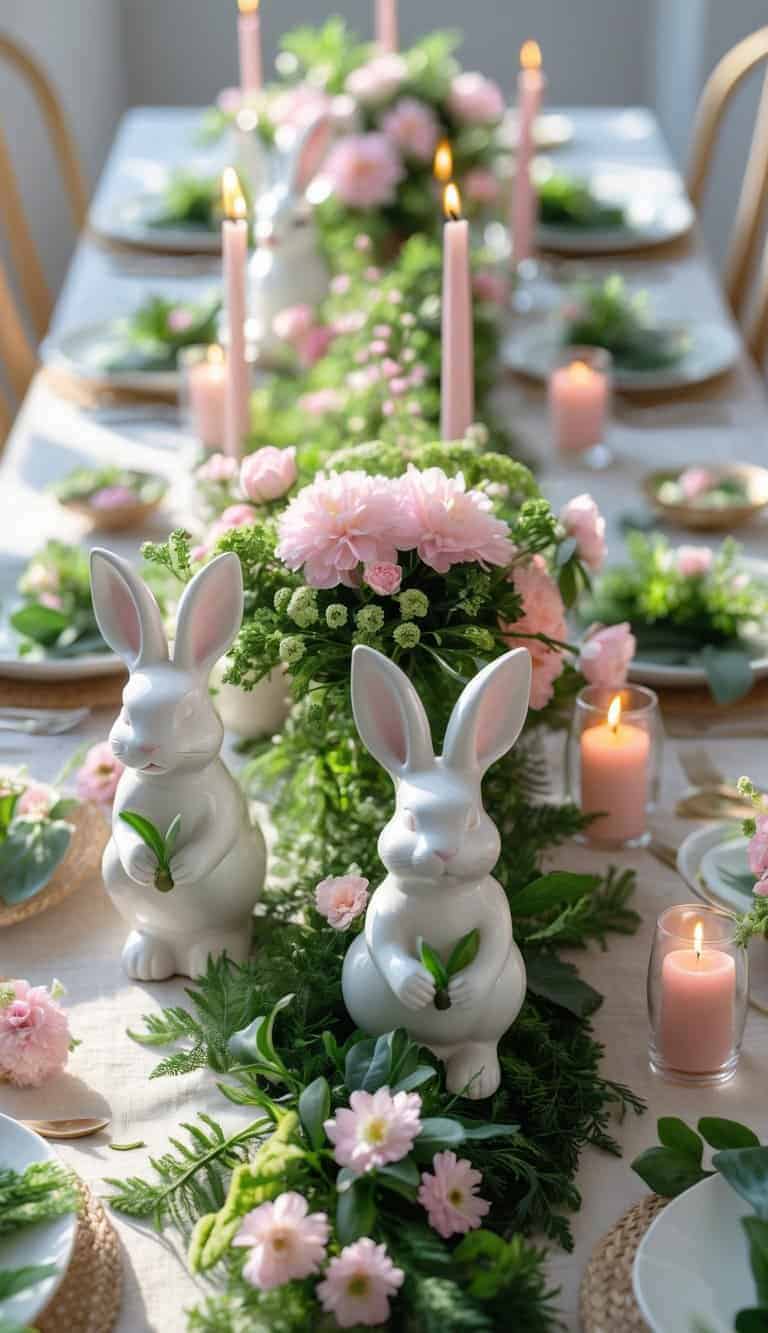 A full view of a spring-themed tablescape featuring white ceramic bunny figurines holding green foliage, pink flowers, candles, and tableware arranged on a table bathed in natural light.