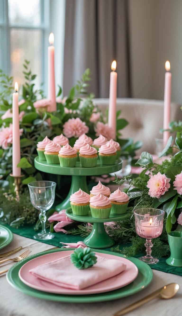 A decorated event table with green pedestal stands holding pink frosted cupcakes, surrounded by candles and pink and green floral arrangements.