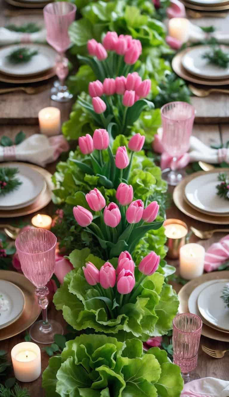 A full table set for a holiday event with pink tulip bouquets surrounded by fresh green lettuce leaves, candles, and floral decorations.