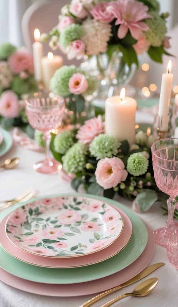 Elegant table setting with floral plates, gold cutlery, pink and green accents, pink glassware, white candles, and a centerpiece of pink and white flowers.