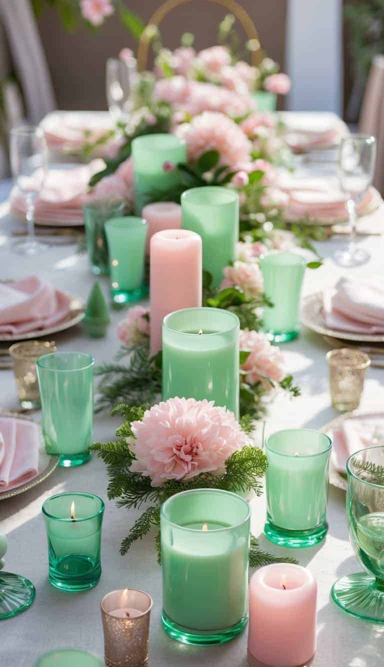 A beautifully set event table with mint green glass votives, blush pink candles, pink flowers, and greenery arranged as centerpieces.