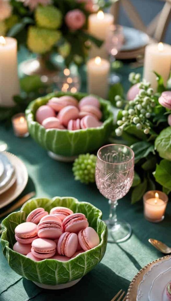 A table set with plates, pink macarons in green bowls, pink glasses, lit candles, and floral centerpieces on a green tablecloth.
