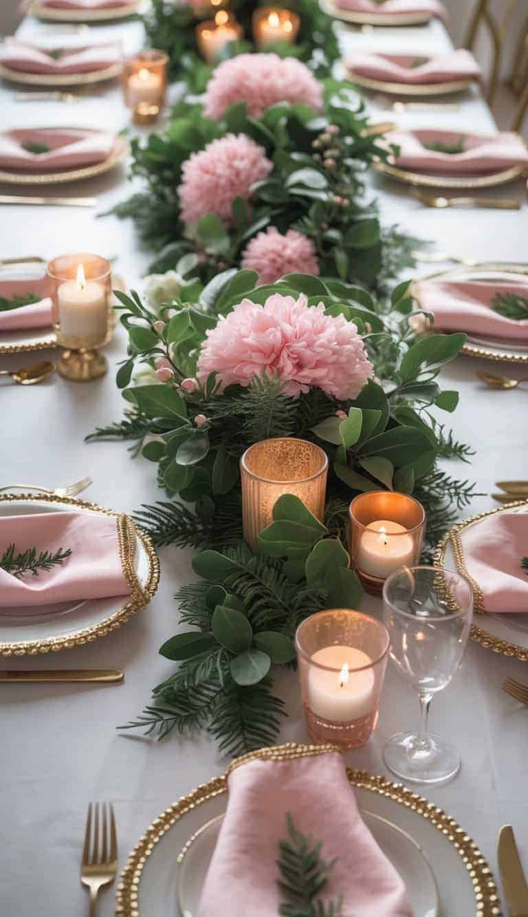 A beautifully set table with pink napkins trimmed in gold, green and pink floral centerpieces, and lit candles arranged along the length of the table.